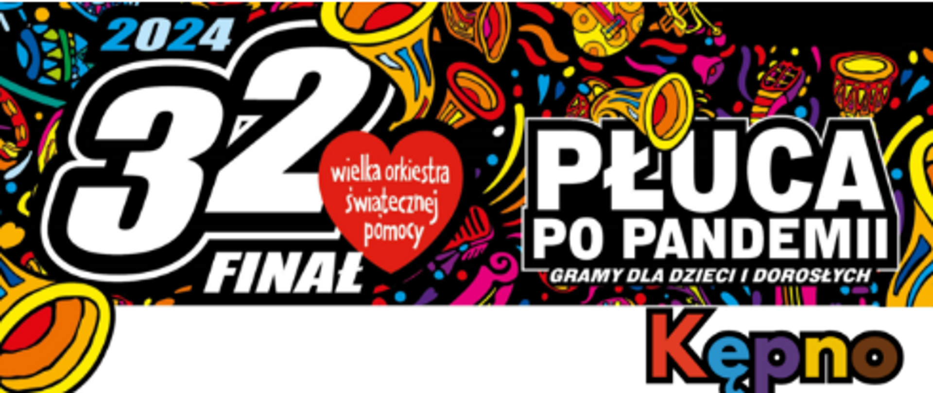 Plakat z kolorową grafiką na górze i na samym dole. W centralnej jego części (stanowiącej około 2/3 całej powierzchni) na białym tle znajduje się szczegółowy program 32 Finału WOŚP. 