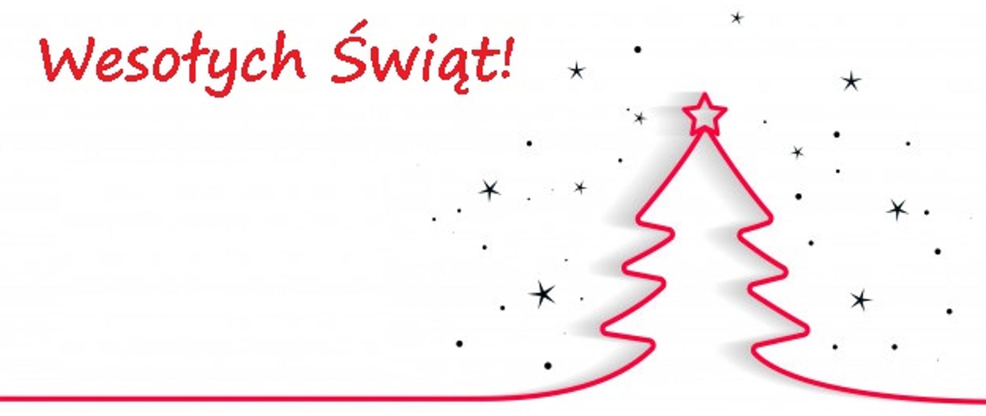 Grafika przedstawia choinkę stworzoną z czerwonych linii, otoczoną gwiazdkami, a także napis "wesołych świąt"