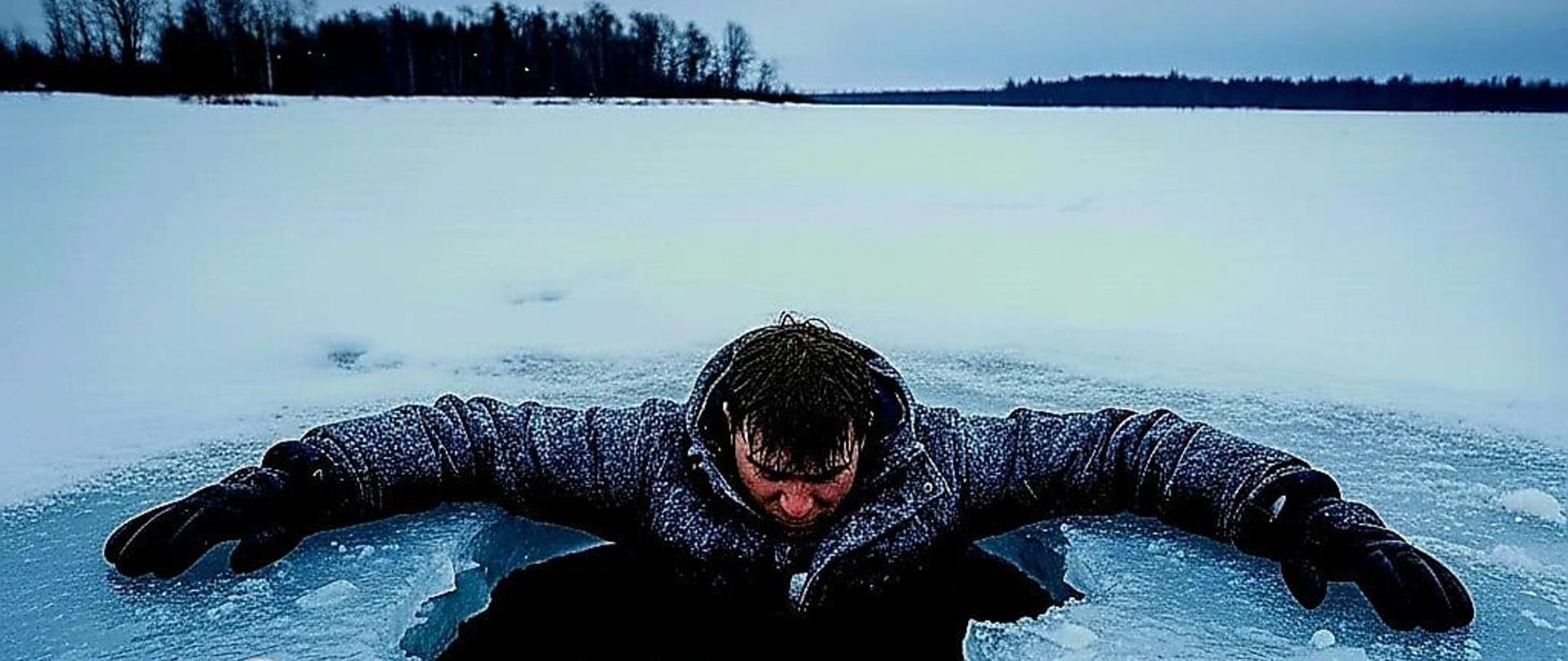 Osoba w zimowej kurtce i rękawicach wydostaje się z przerębla na zamarzniętym jeziorze; wokół rozciąga się śnieżna, płaska przestrzeń i linia drzew na horyzoncie.