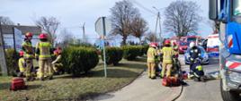 Na zdjęciu są widoczni strażacy ubrani w mundury specjalne koloru piaskowego, którzy udzielają pomocy poszkodowanym na poboczu jezdni. Pogoda jest słoneczna. Obok widać część ciężarówki a w tle samochód policji oraz straży pożarnej.