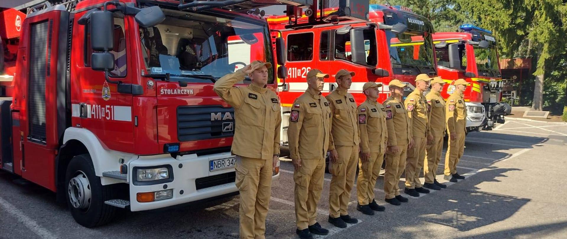 Strażacy w jasnych mundurach stoją na baczność w jednym szeregu. W tle samochody strażackie. Słonecznie.