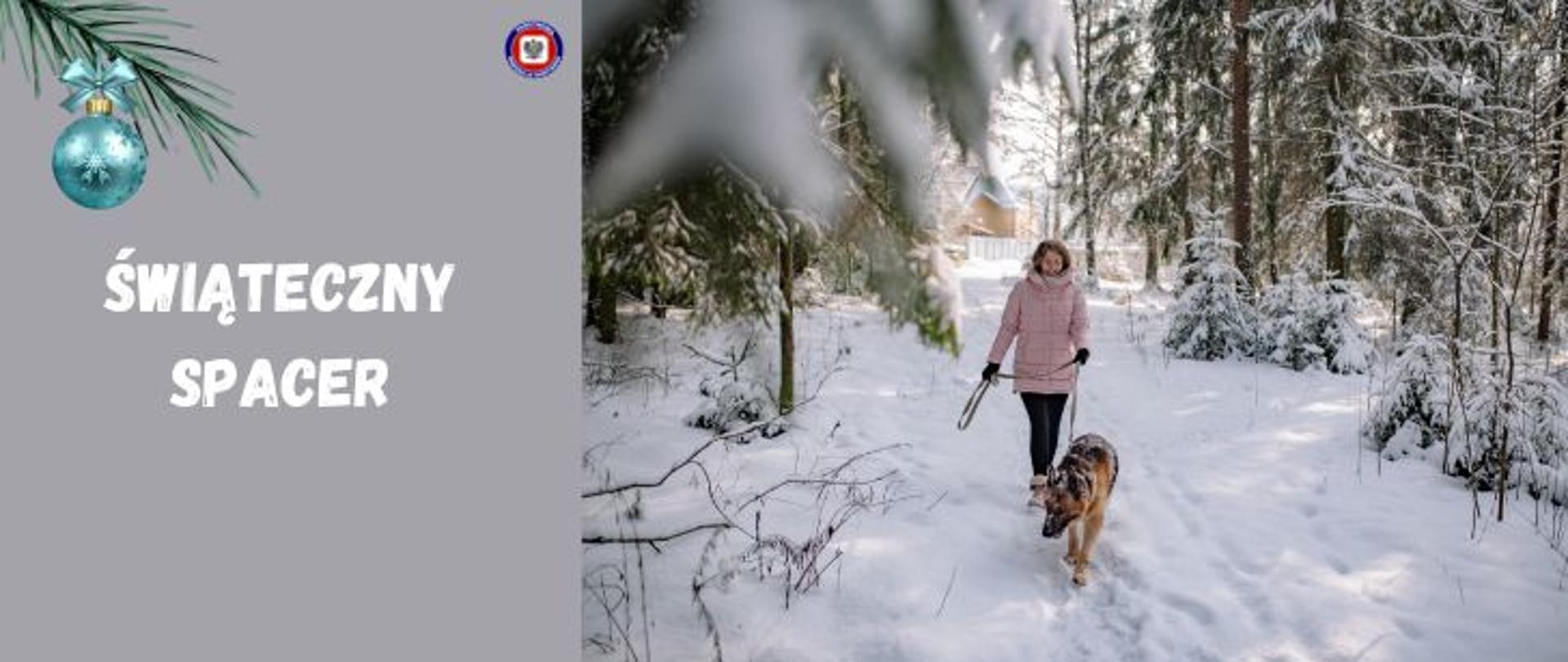 Po prawej młoda kobieta spacerująca z psem po zaśnieżonym lesie, z lewej na jasnoszarym tle jasny napis Świąteczny spacer powyżej w lewym narożniku gałązka z błękitną bombką, w prawym logo Państwowej Inspekcji Sanitarnej.