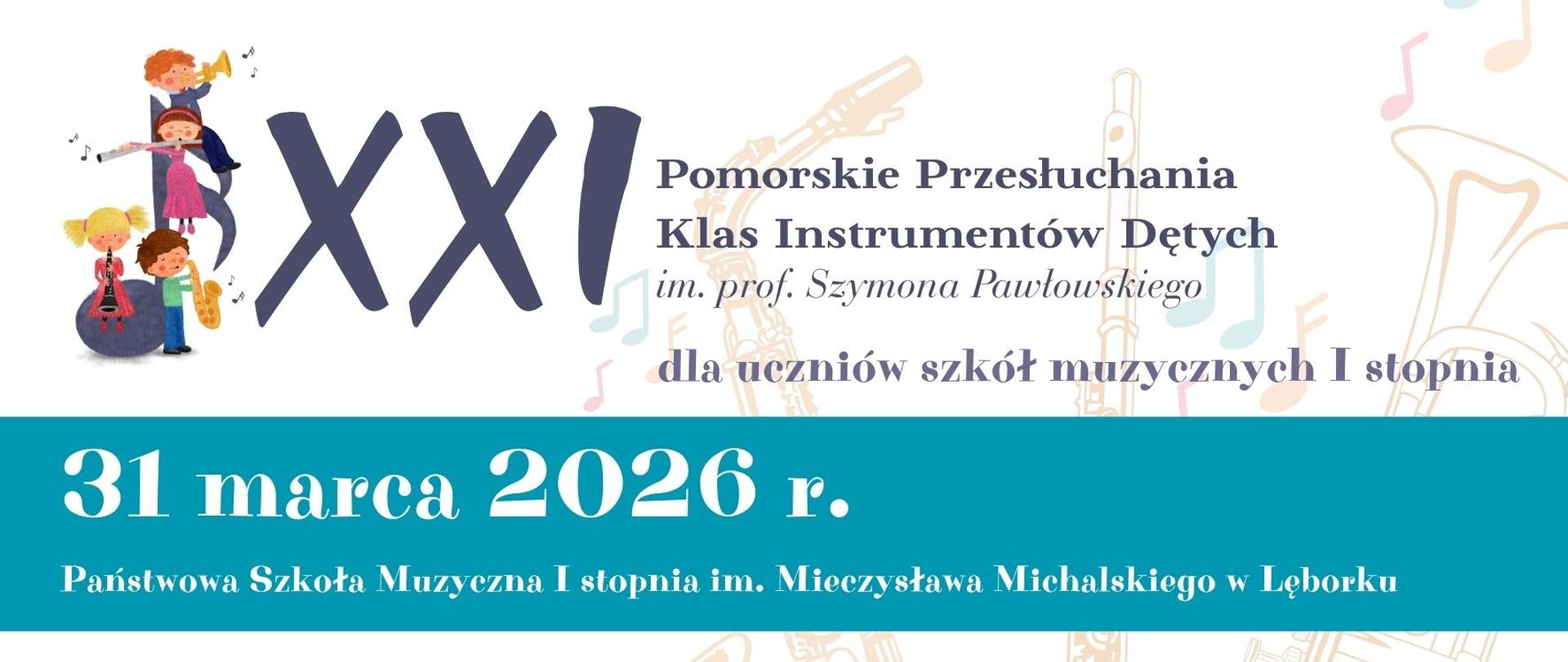 Na białym tle plakatu znajdują się jasne kontury rysunkowe instrumentów dętych.Na nich napisy informujące o przeglądzie