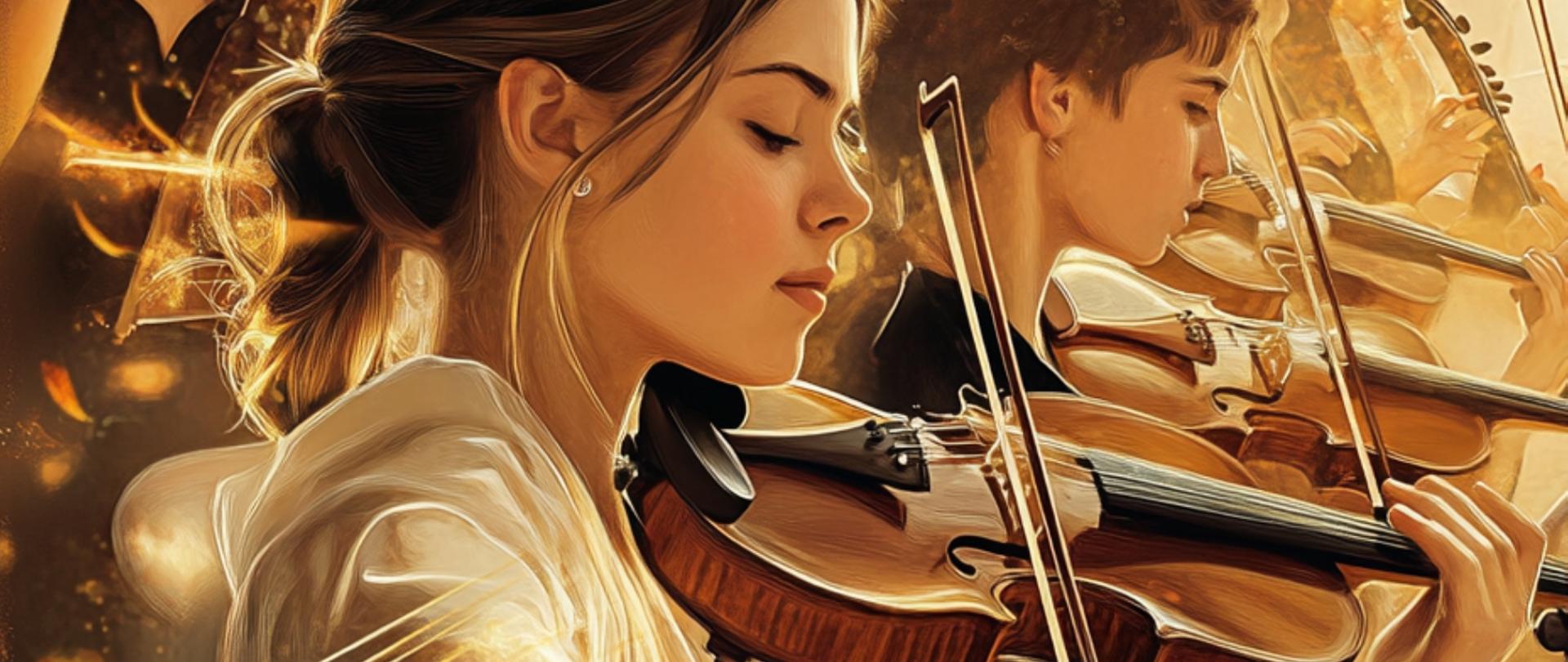 grafika przedstawiająca grających skrzypków. Wokół widoczne nutki wydobywające się z instrumentów.