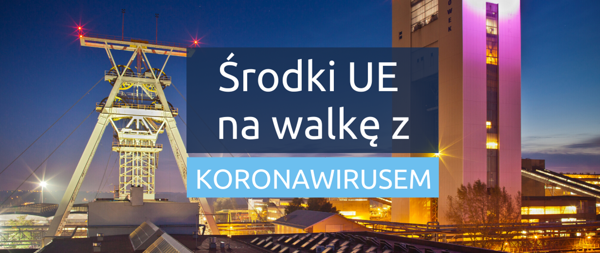 Napis "Środki UE na walkę z koronawirusem" na tle panoramy Śląska nocą, widoczne szyb górniczy oraz wysoki budynek.