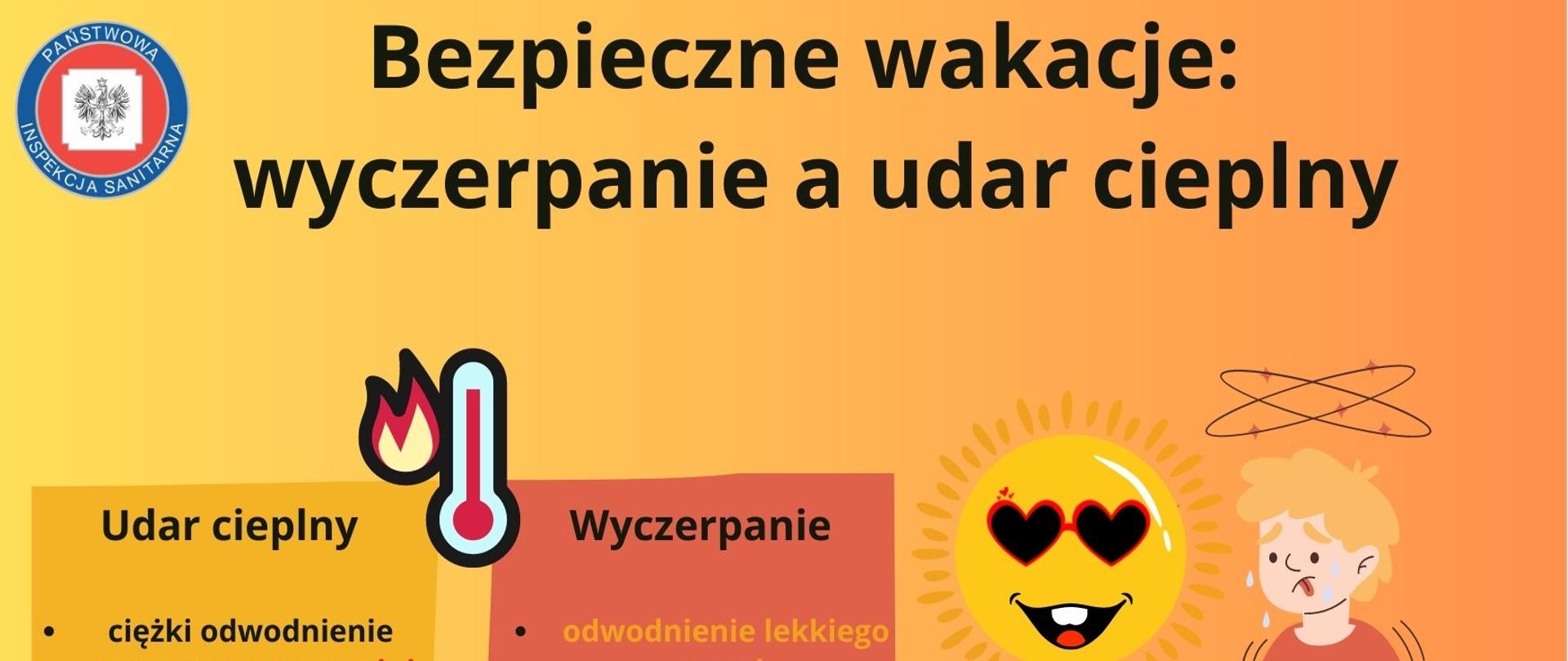 Grafika przedstawia spoconego i wyczerpanego chłopca oraz słońce a także dwie tabelki z objawami udaru cieplnego i wyczerpania