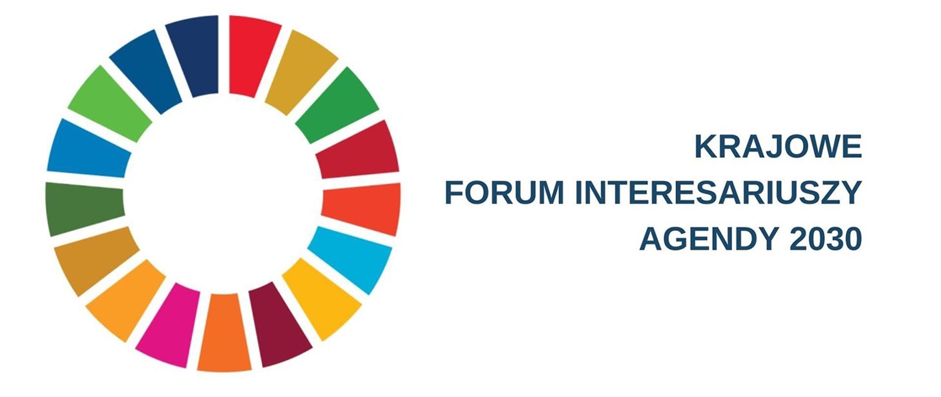 Krajowe Forum Interesariuszy Agendy 2030. Na grafice napis Krajowe Forum Interesariuszy Agendy 2030, a po lewej stronie kolorowe koło.