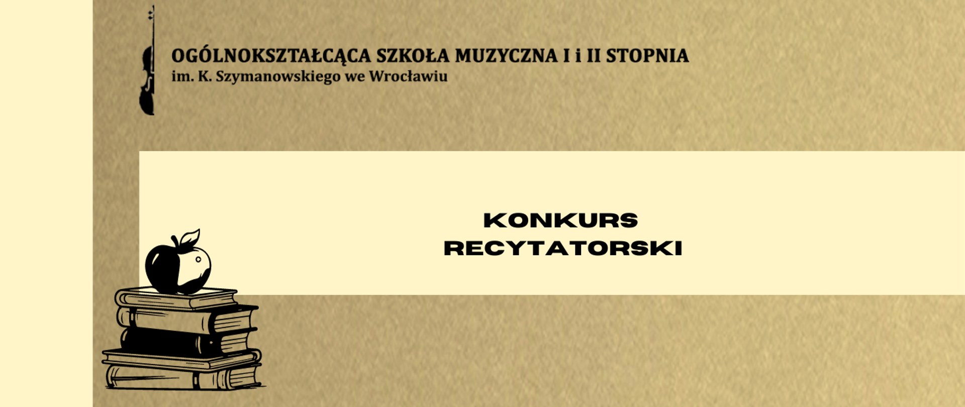 grafika w beżowej tonacji, zawiera logo szkoły, grafikę stosu książek oraz napisy" Konkurs recytatorski" 