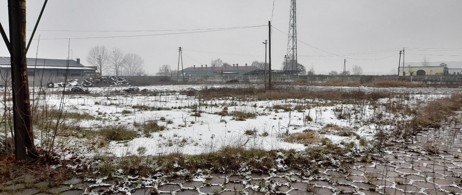 Łąka zasypana śniegiem. W tle widać słupy z kablami elektrycznymi.