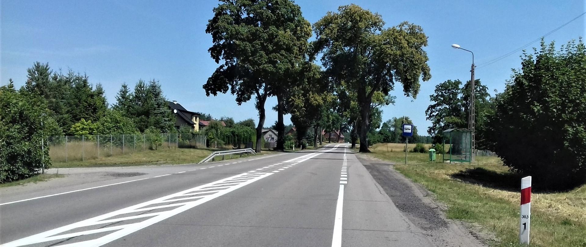 Zdjęcie przedstawia drogę krajową nr 22 przechodzącą przez miejscowość. Na pierwszym planie jest droga. W oddali widać zabudowania. Przystanek autobusowy stanowi znak drogowy i wiata. Brak jest chodników i zatoki postojowej dla autobusów komunikacji publicznej.