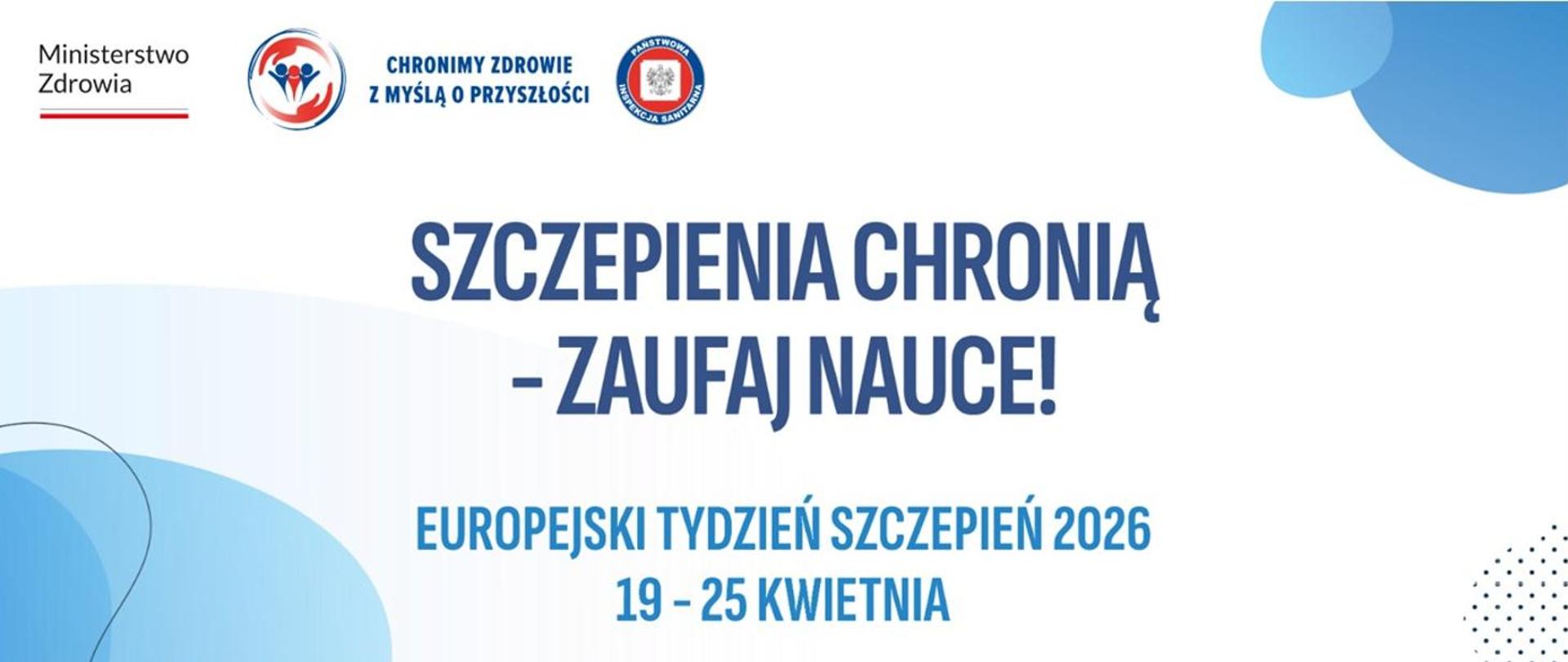 Logo programu szczepienia ochronią-zaufaj nauce - białe tło na środku napis szczepienia chronią-zaufaj nauce