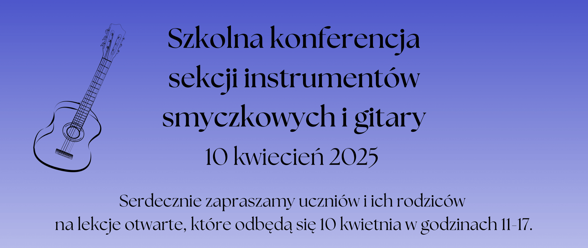 Plakat w kolorze biało fioletowym. Na górze widać grafikę z gitarą a na dole widać grafikę z osobą ze skrzypcami.