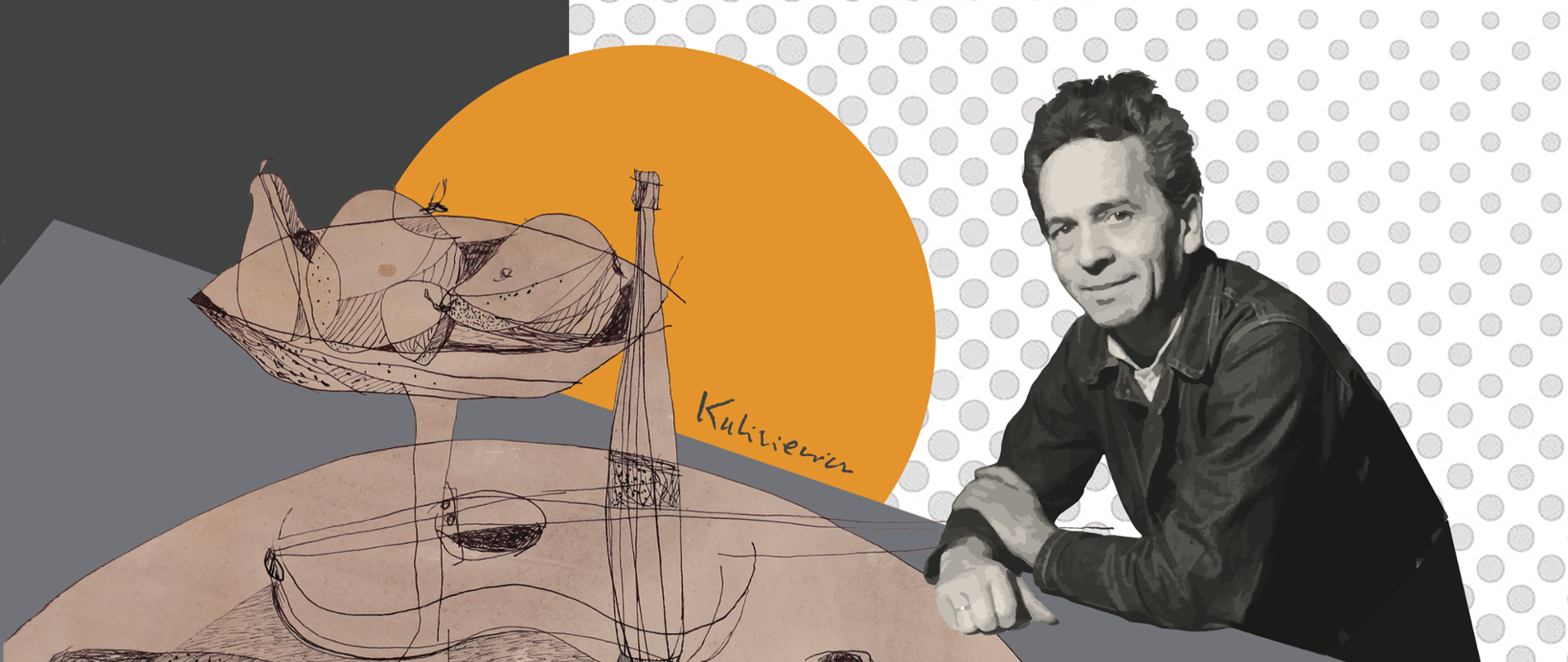 Plakat na którym widnieje po prawej Stonie portret Tadeusza Kulisiewicza opartego o symboliczny stół, po lewej stronie fragment rysunku Kulisiewicza zatytulowany "Martwa natura". W tle figury geometryczne: prostokąt, koło i wypełnienie tła rastrem