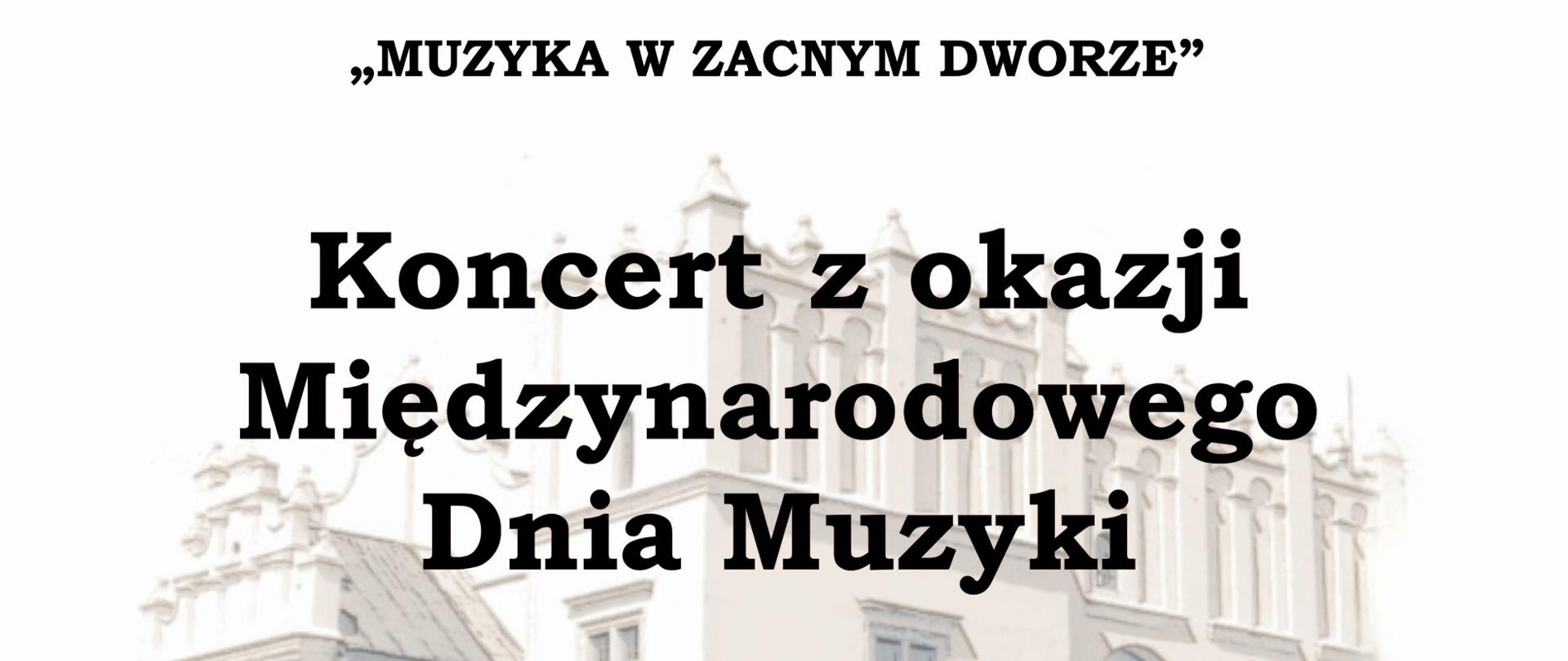 Jasna grafika z umieszczonym w tle budynkiem Muzeum Miasta Pabianic informująca o Koncercie z okazji Międzynarodowego Dnia Muzyki w dniu 4.10.2023 r. o godz. 18.