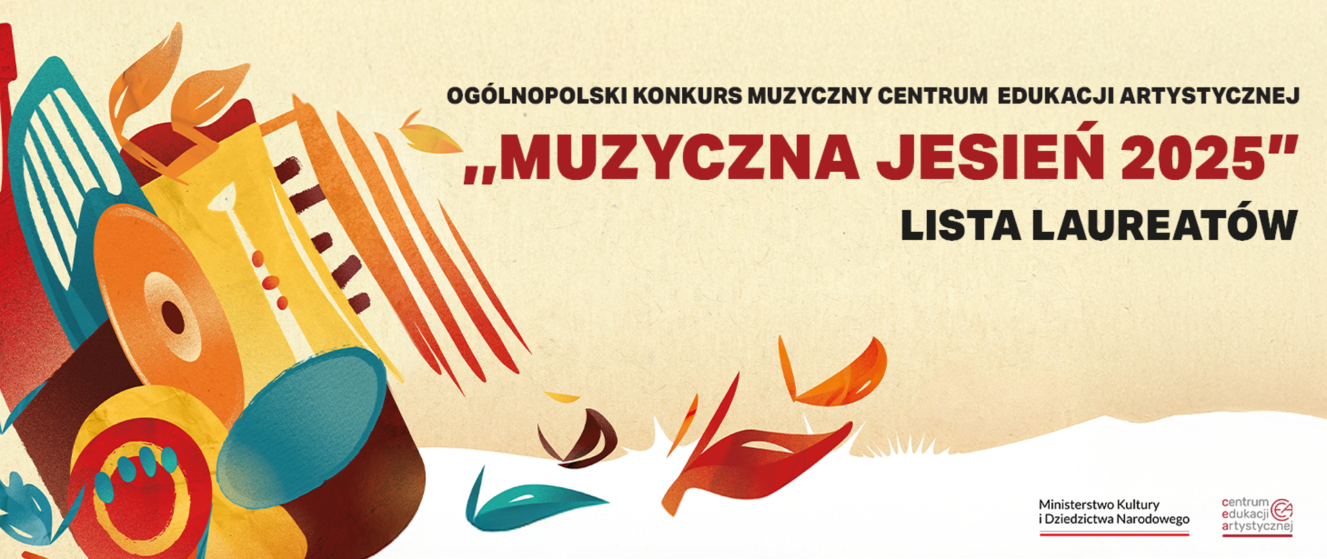 Grafika z logotypami CEA i MKIDN na dole z i ikonami instrumentów muzycznych oraz tekstem "Ogólnopolski Konkurs Muzyczny CEA „Muzyczna Jesień 2025"