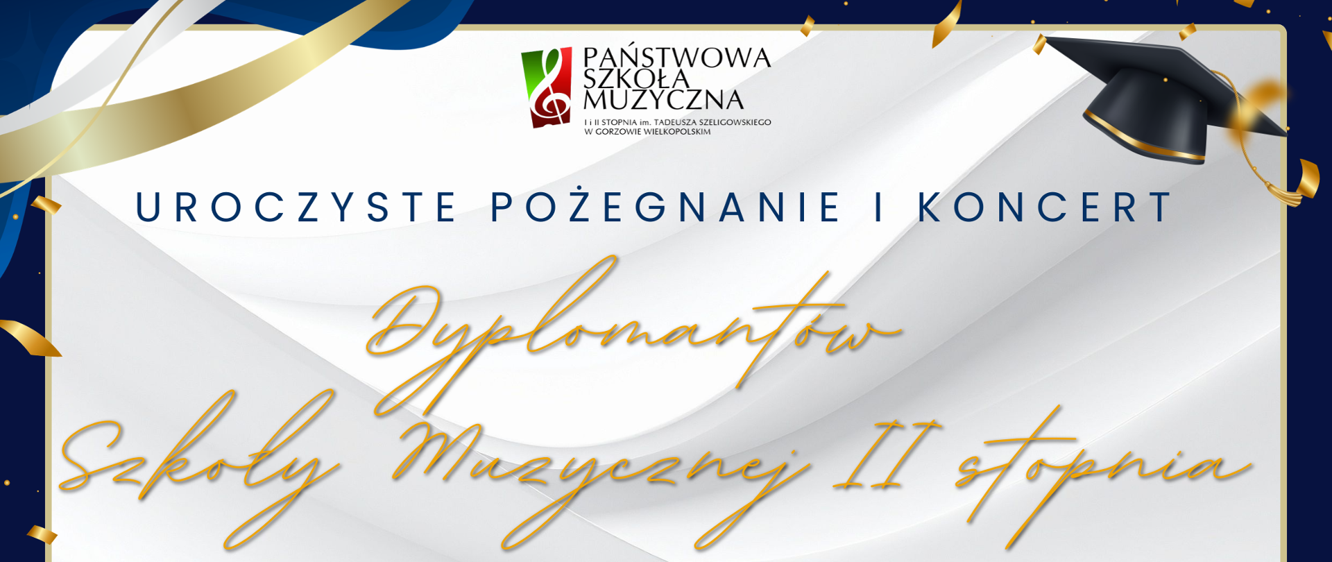 Plakat - na jasnym tle informacje o koncercie w Filharmonii Gorzowskiej. Logo szkoły na górze