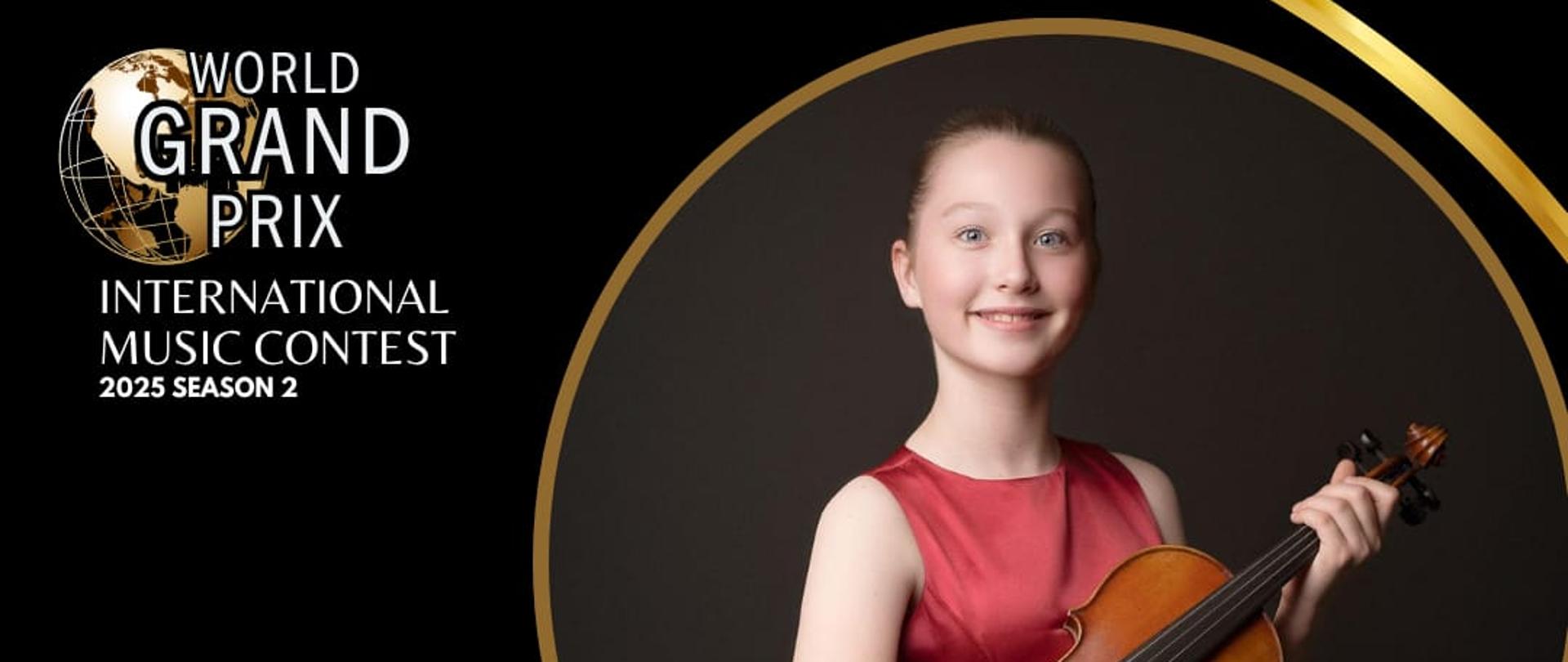 Grafika przedstawiająca dyplom dla Alexandry Łabudzki z zdobycie Gold Prize (Złota Nagroda) i Distinguished Interpretation Special Award – Nagroda Specjalna za Wybitną Interpretację w konkursie World Grand Prix International Music Contest, edycja: 2025, sezon 2.