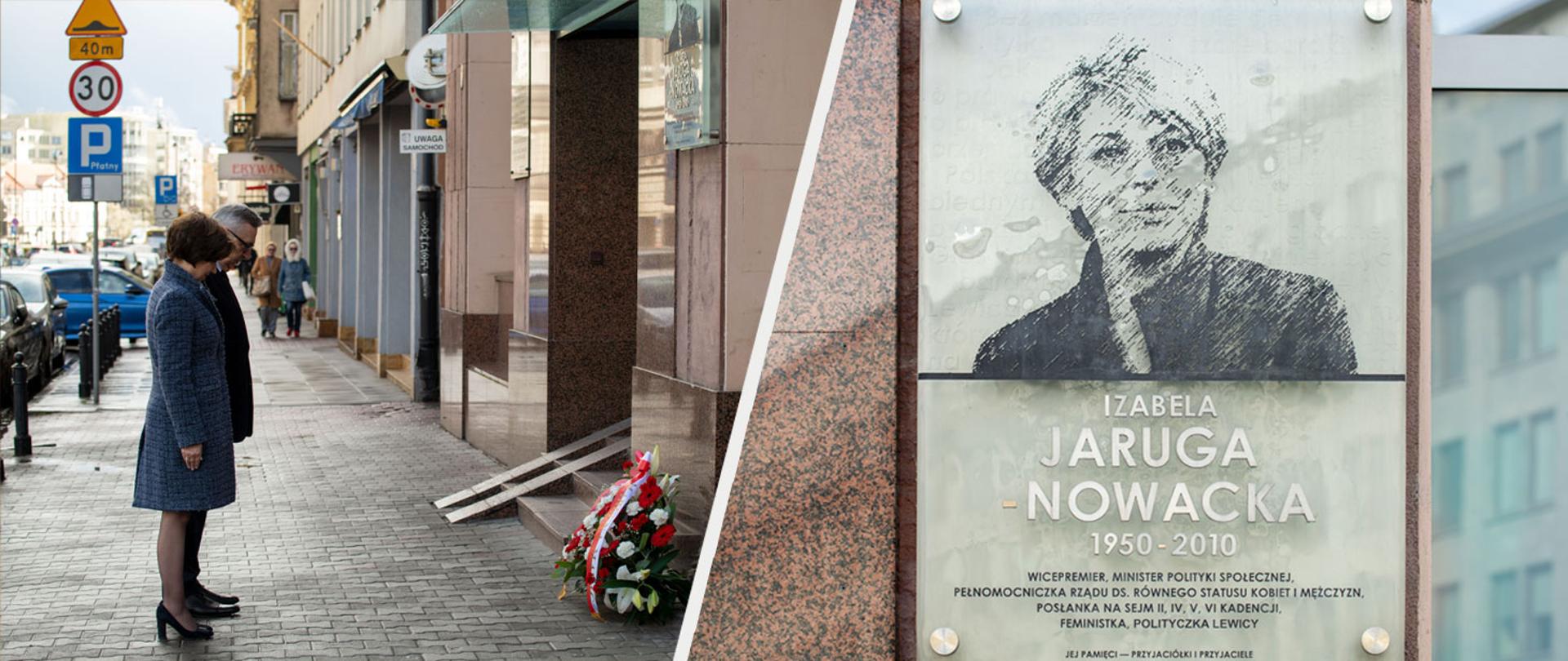 Kwiaty pod tablicą upamiętniającą Izabelę Jarugę-Nowacką