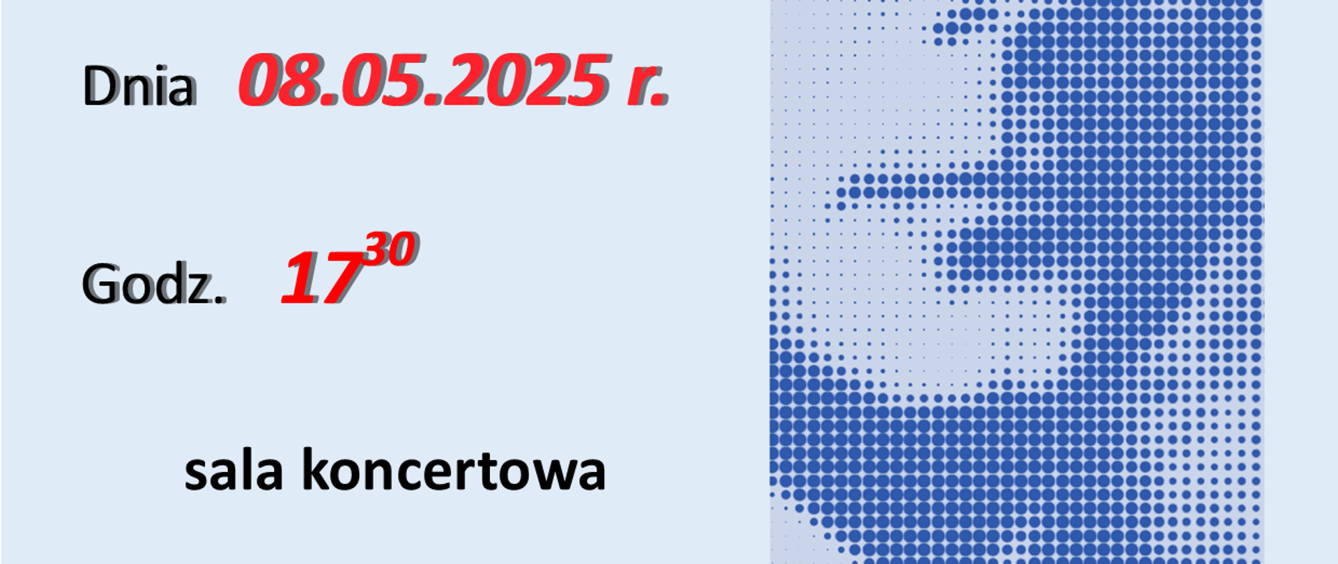Plakat promujący pokaz pracy klas saksofonu i oboju. Po lewej stronie informacje: 8 maja 2025, godz. 17:30, sala koncertowa. Po prawej podobizna Karola Szymanowskiego - patrona szkoły.