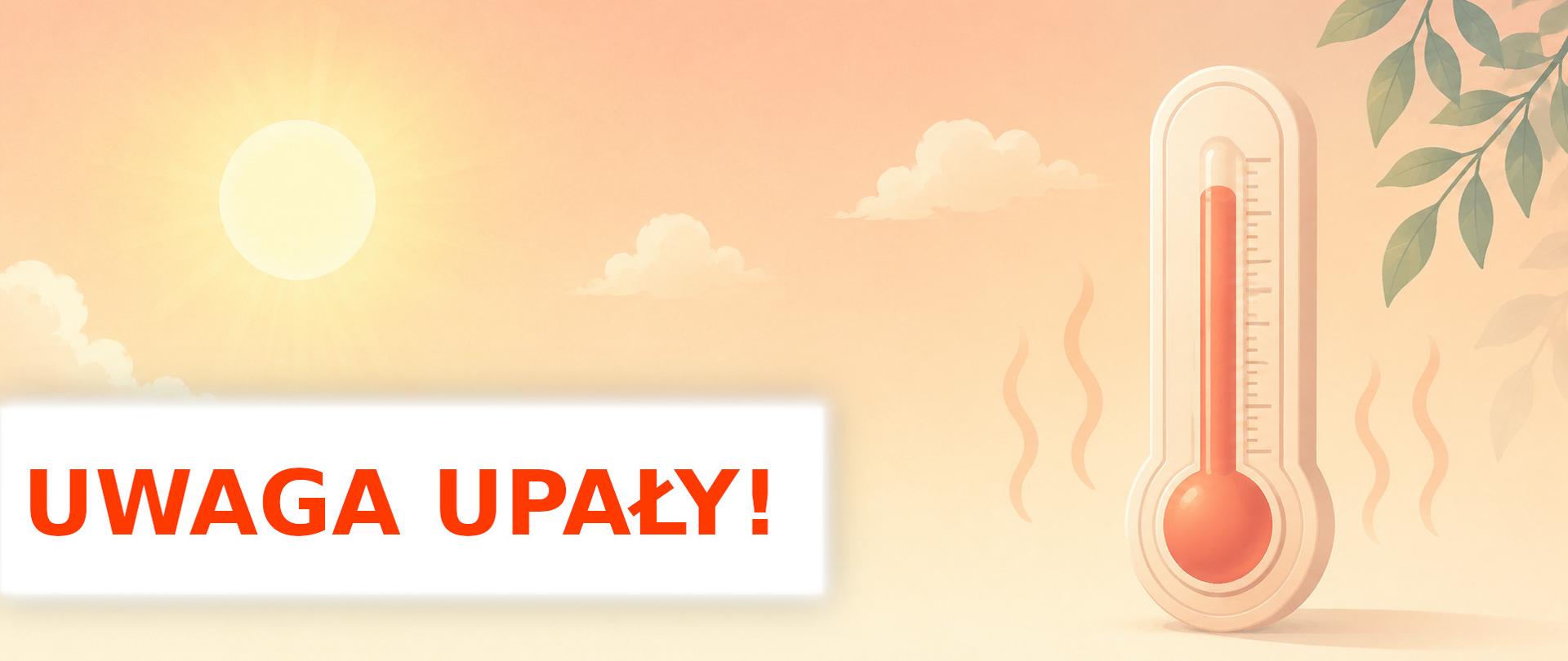 Symboliczna grafika, ostrzegająca przed upałami.