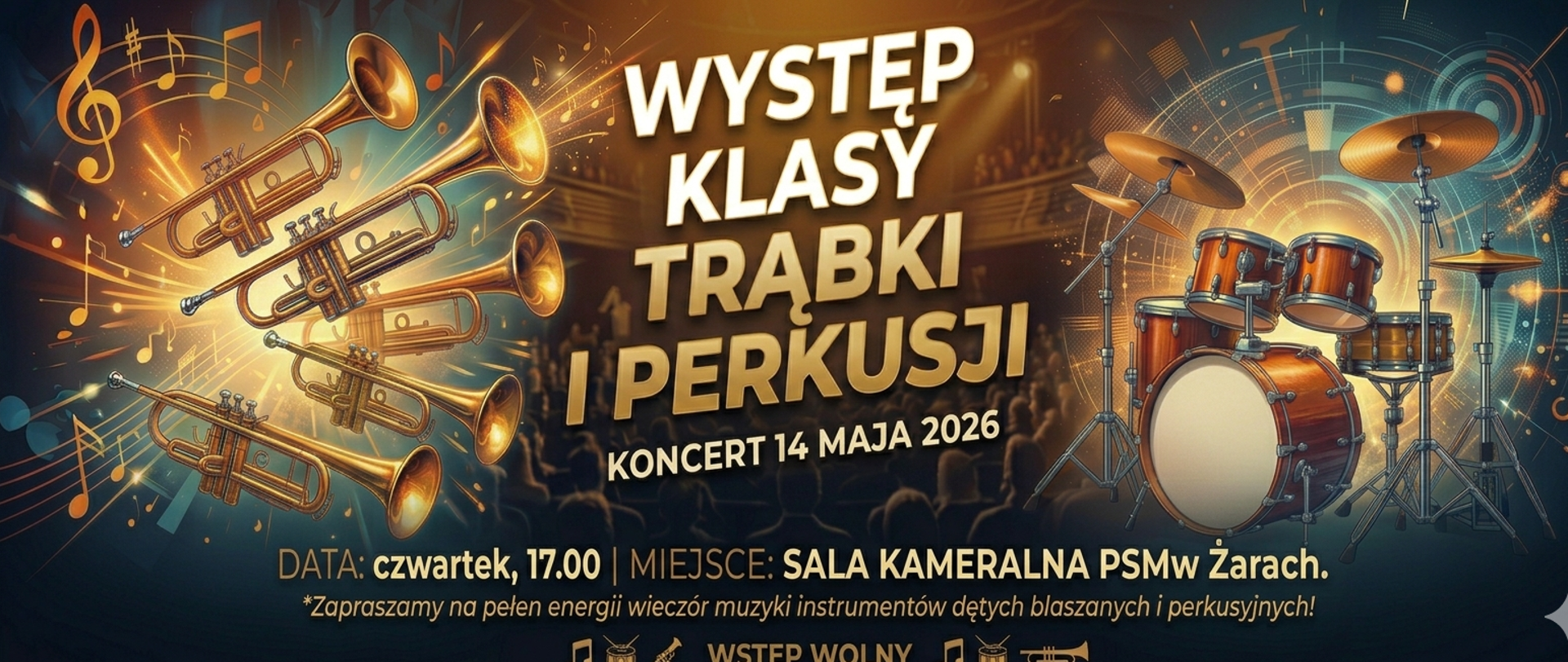 Centralny punkt: W środkowej części znajduje się duży, czytelny napis „WYSTĘP KLASY TRĄBKI I PERKUSJI” wykonany dynamiczną, nowoczesną czcionką.
Grafika: Po lewej stronie widoczne są złote trąbki, z których wydobywają się świetliste linie i nuty, natomiast po prawej stronie umieszczono zestaw perkusyjny otoczony energetycznymi rozbłyskami.
Tło: Przedstawia ono zarysy sali koncertowej z widoczną publicznością, co nadaje całości profesjonalny, estradowy klimat.
Informacje Szczegółowe
Data i godzina: Wydarzenie odbędzie się w czwartek, 14 maja 2026 roku o godzinie 17:00.
Miejsce: Koncert zaplanowano w Sali Kameralnej Państwowej Szkoły Muzycznej w Żarach.
Dodatkowe informacje: Na dole plakatu widnieje dopisek „WSTĘP WOLNY” oraz zaproszenie na wieczór pełen energii z muzyką instrumentów dętych blaszanych i perkusyjnych.