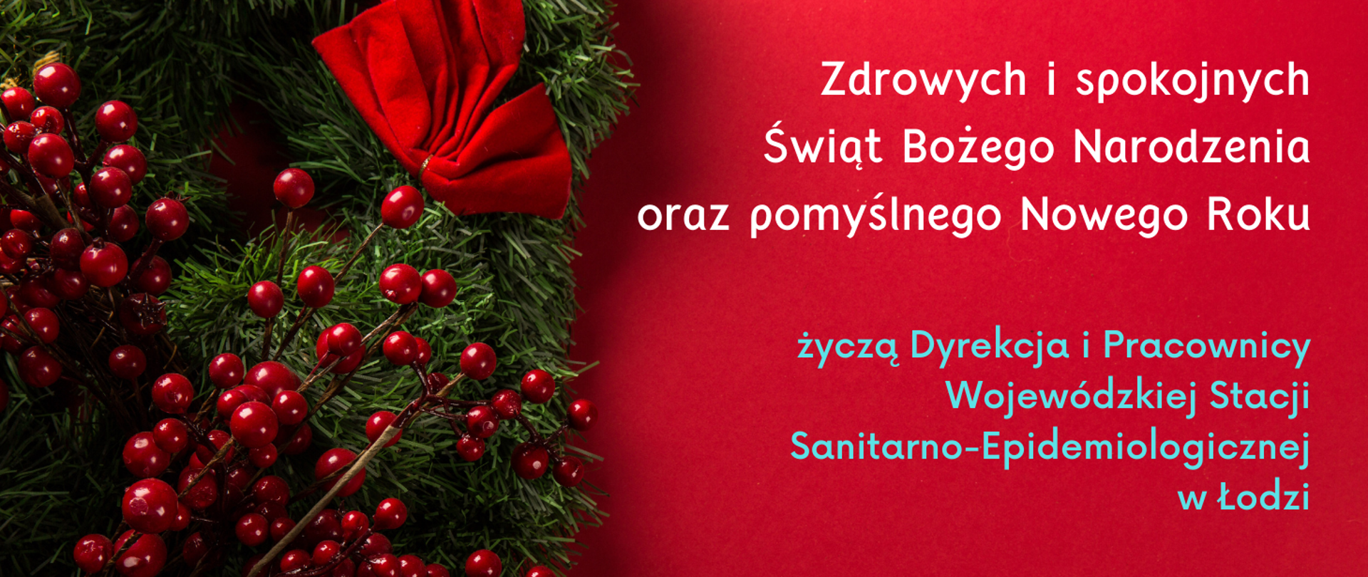 Zdrowych i spokojnych Świąt Bożego Narodzenia oraz pomyślnego Nowego Roku życzą Dyrekcja i Pracownicy Wojewódzkiej Stacji Sanitarno-Epidemiologicznej w Łodzi. Logo Państwowej Inspekcji Sanitarnej. Zdjęcie głogu na czerwonym tle.