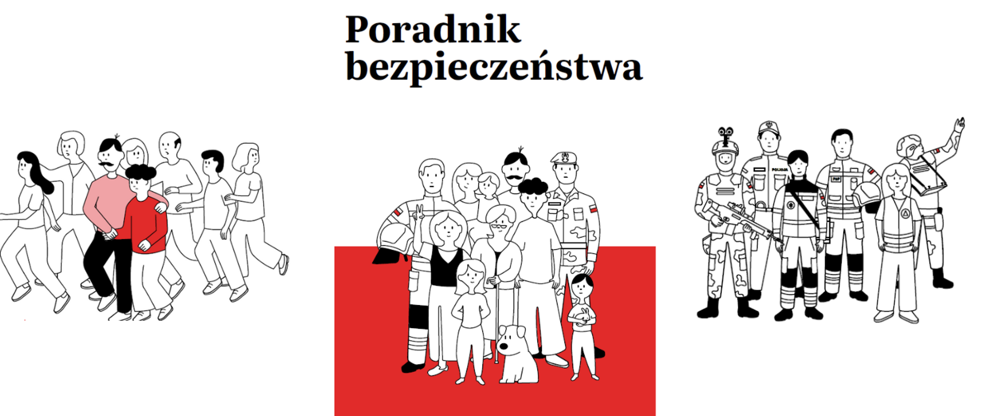 Trzy grafiki z ludnością cywilną i służbą mundurową