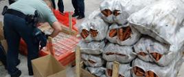 Funkcjonariusze podczas rozładunku papierosów ze skrzynek z marchwią