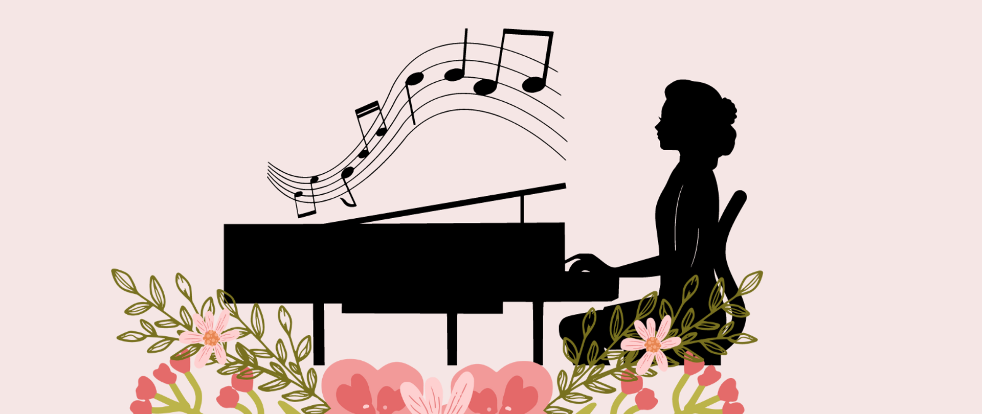 popis sekcji fortepianu w prawym górnym rogu termin 4 kwietnia 2023 r. o godz. 18:00. Na dole plakatu fortepian z postacią pianistki a na dole różowe kwiatki
