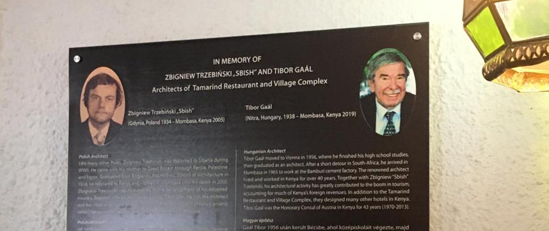Uroczystość odsłonięcia tablicy upamiętniającej architektów Zbigniewa Trzebińskiego i Tibora Gálla w Mombasie