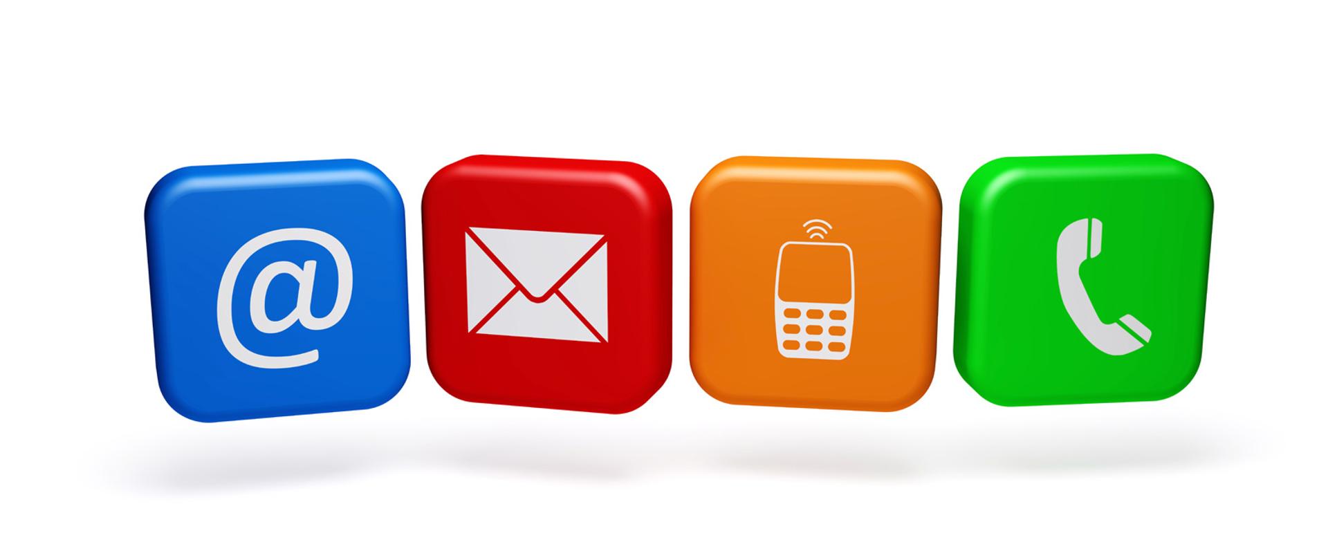 Kostki z piktogramami: symbol at, list, telefon komórkowy, telefon stacjonarny.