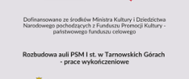 Grafika przedstawia informację o dofinansowaniu do auli PSM. W górnej części widnieje informacja skąd pochodzi dofinansowanie, a poniżej czego dotyczy (aula PSM)