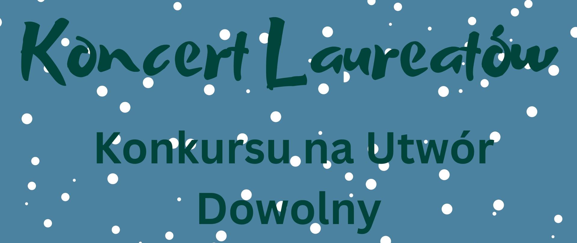 Na brudno-jasno-niebieskim tle, podczas padającego śniegu w dole plakatu dwie choinki , również ośnieżone. Od góry tekst: Państwowa Szkoła Muzyczna I stopnia im. Emila Młynarskiego w Augustowie: Koncert Laureatów Konkursu na utwór dowolny. 18.01.2024 godz. 18:00