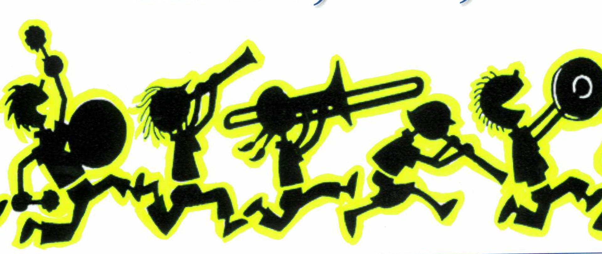 Od góry na środku napis w trzech rzędach: Państwowa Szkoła Muzyczna I stopnia im. I.J. Paderewskiego. Na środku informacja o dacie i godzinach rozpoczęcia roku szkolnego. Na dole idą w korowodzie czarne cienie grających dzieci na instrumentach. Cały plakat na białym tle w niebieskiej ramce.