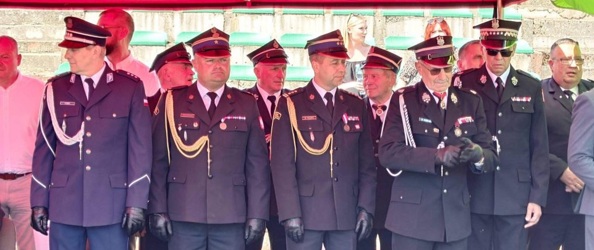 Grupa starszych oficerów i znamienitych gości stoi w rzędzie pod czerwonym zadaszeniem namiotu. Mężczyźni ubrani są w galowe mundury strażackie z licznymi baretkami, medalami oraz sznurami galowymi; niektórzy mają na sobie czarne rękawiczki. Jeden z oficerów po prawej stronie ma założone okulary przeciwsłoneczne. W tle na trybunach widać pojedyncze siedzące osoby.