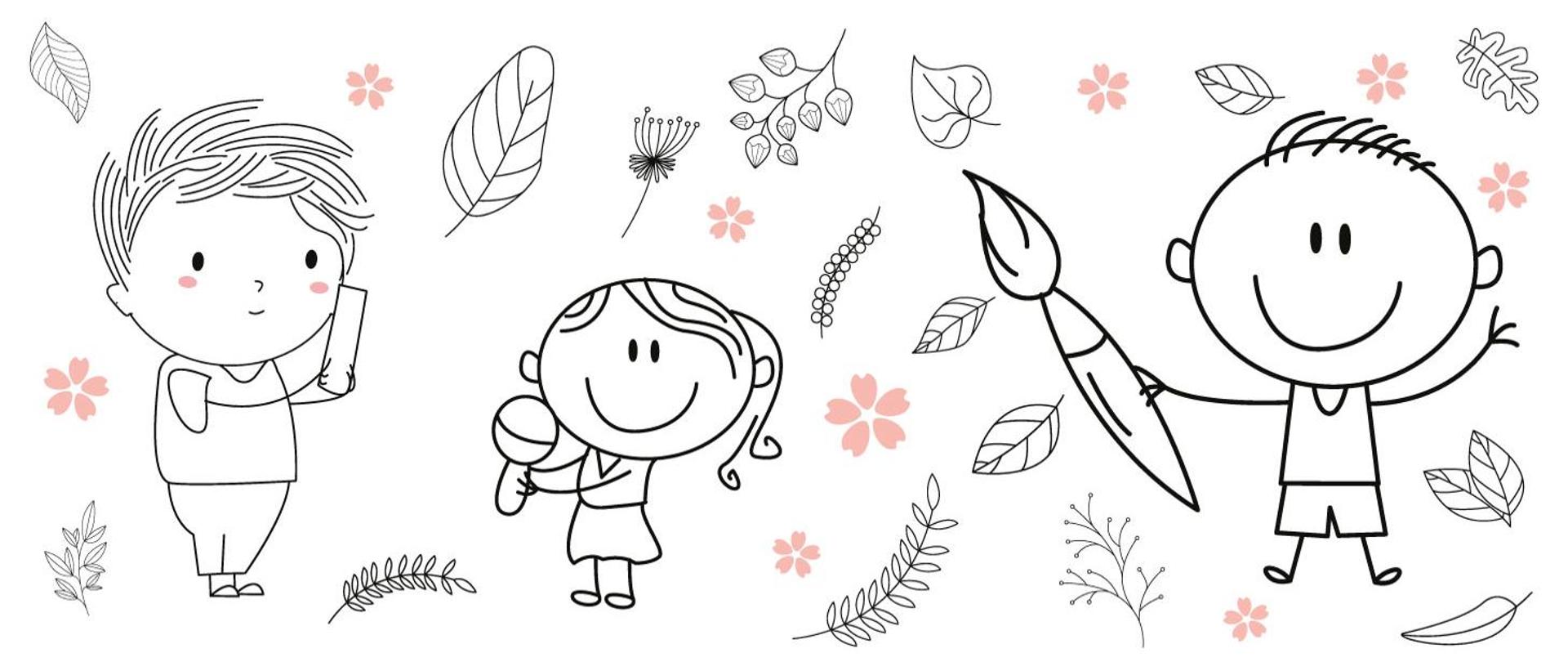 Trzy postacie dzieci przedstawione jako rysunki: jedna z nich trzyma prostokąt, druga grzechotkę, a trzecia pędzel. Wokół nich znajdują się narysowane liście drzew i kwiatów.