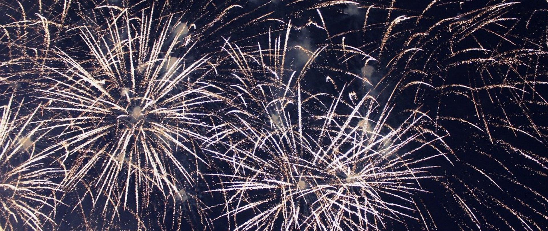 Zdjęcie przedstawia fajerwerki na nocnym niebie