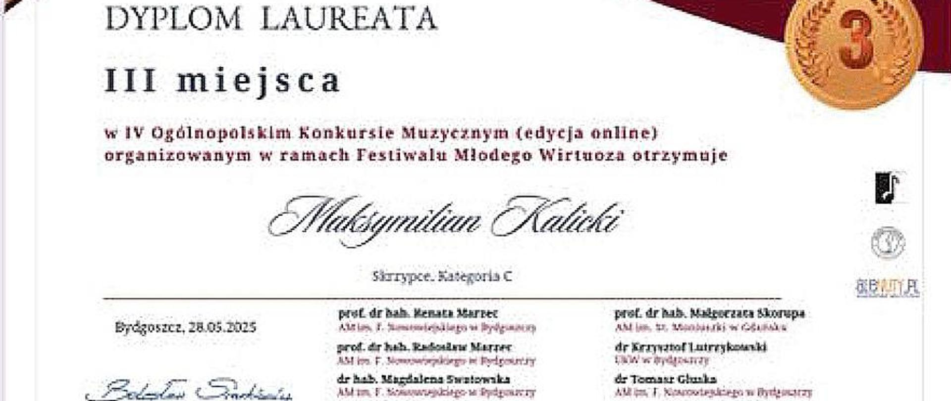 Dyplom Maksymiliana Kalickiego