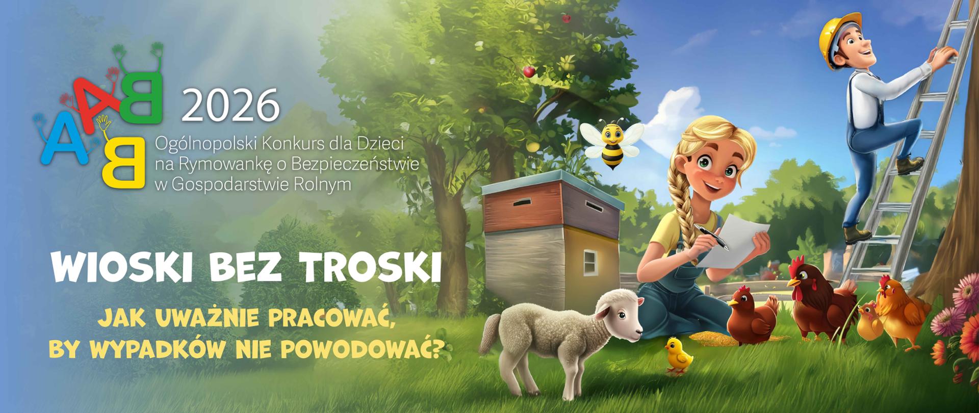 dziewczynka, chłopczyk i zwierzęta gospodarskie na podwórku