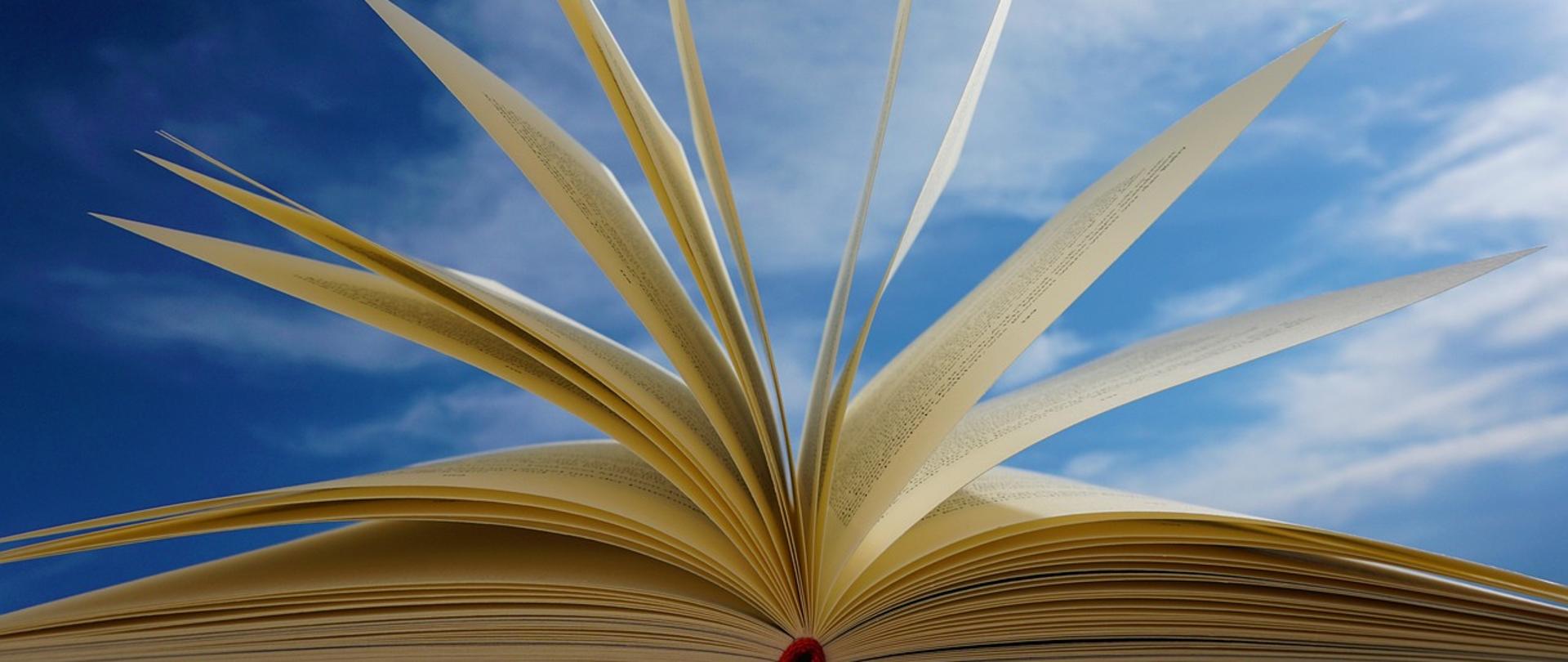 Zdjęcie otwartej książki na tle błękitnego nieba
