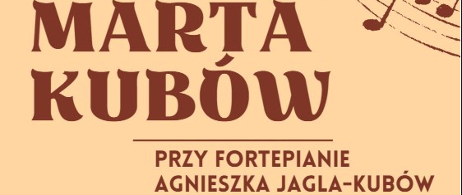 Plakat to kolor łososiowy w prawym górnym rogu pięciolinia z kluczem wiolinowym i z naniesionymi nutami w kształcie półokręgów W lewym dolnym rogu kształt skrzypiec albo wiolonczeli zdjęcie fotograficzne w tle grafika przedstawiająca zarys kontur fortepianu napisy kolor ciemnobrązowy recital skrzypcowy Marta kubłów przy fortepianie Agnieszka jaglaków w programie utwory Wieniawskiego Ravela godzina 18:00 16 września 2025 sala koncertowa PSM imienia Witolda Lutosławskiego w Nysie