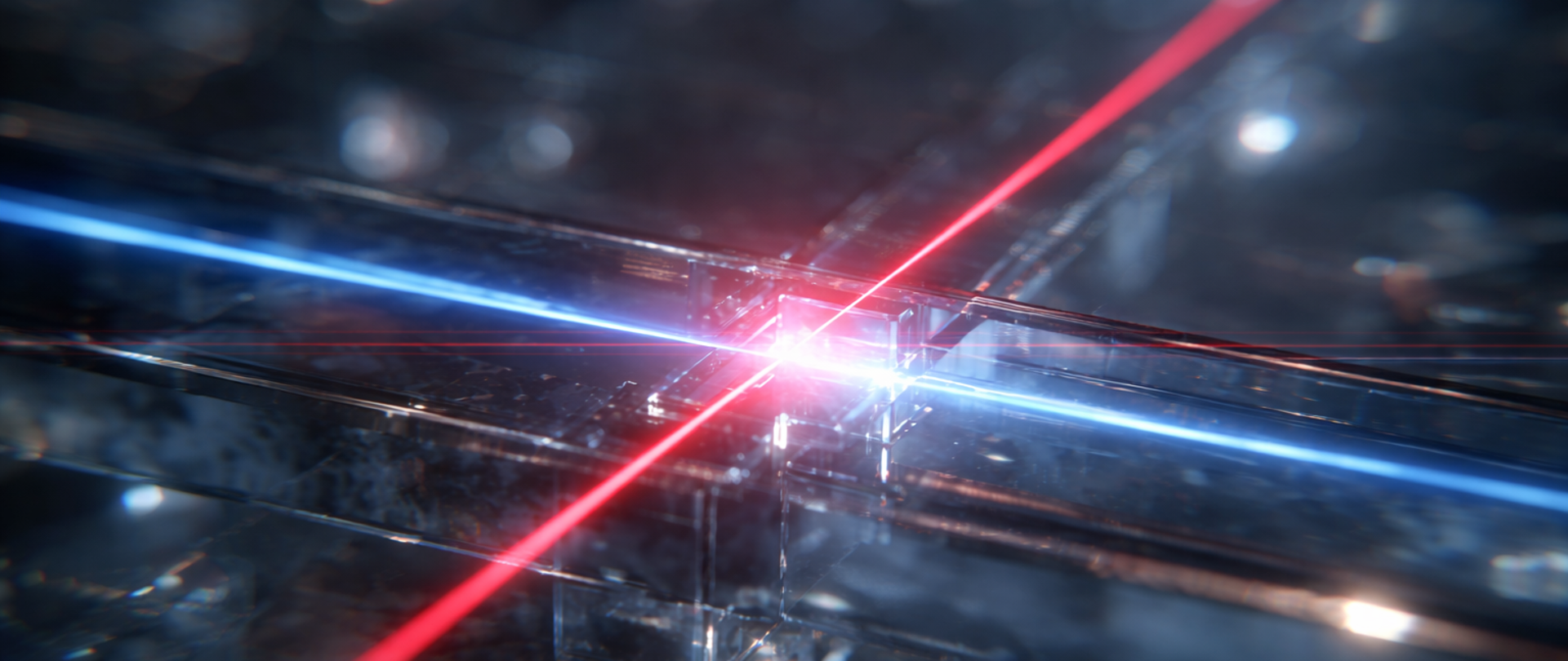 Na obrazie widoczna jest abstrakcyjna scena z przecinającymi się wiązkami światła — czerwoną i niebieską — które spotykają się w jasnym punkcie pośrodku. Promienie biegną wzdłuż przezroczystych, szklanych struktur o geometrycznych kształtach, przypominających kostki lub elementy optyczne. Tło jest ciemne, z rozmytymi refleksami światła, co nadaje całości futurystyczny i technologiczny charakter.