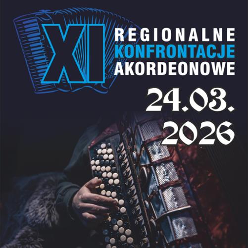 Plakat z drukowanymi literami - Regionalne Konfrontacje Akordeonowe w kolorze białym i niebieskim. Z lewej strony rozciągnięty akordeon w kolorze niebieskim i czarnym.