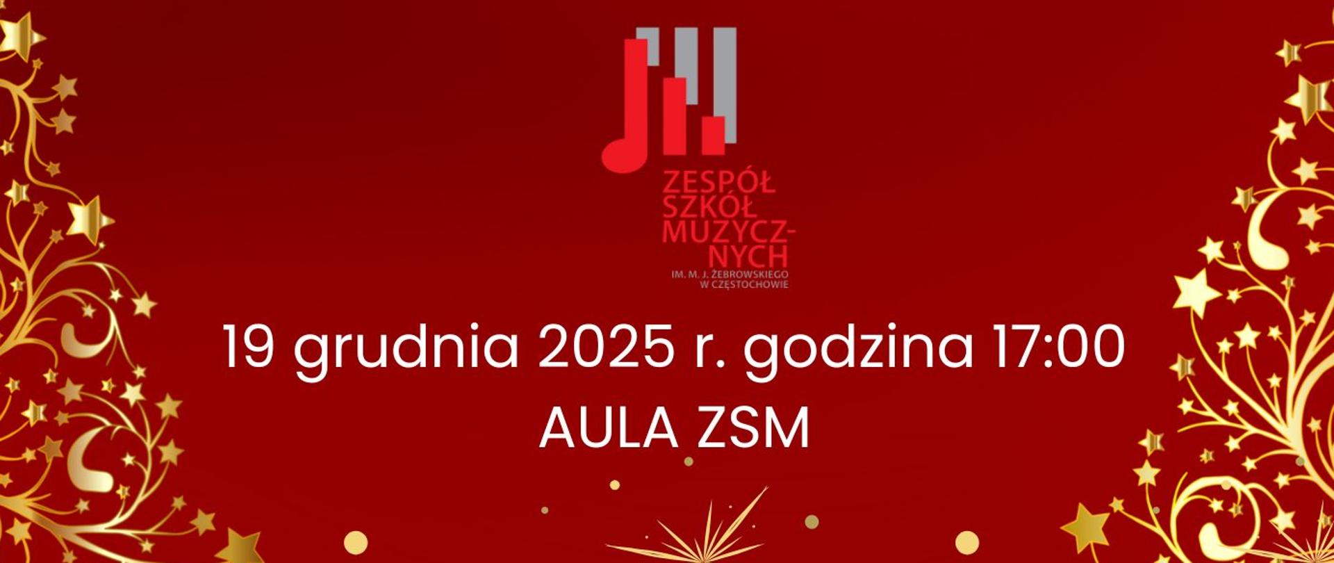 Czerwone tło, motywy świąteczne, tekst dotyczący koncertu świątecznego w wykonaniu kl. III PSM I st., 19 grudnia godz. 17.00
