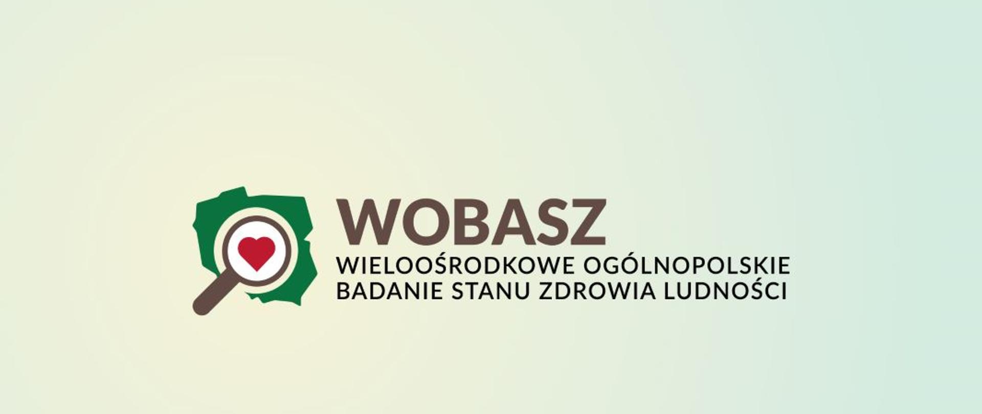 na białym tle mała zielona mapa Polski na niej biała lupa, w środku której widać czerwone serce. Z boku napis: WOBASZ Wieloośrodkowe Ogólnopolskie Badanie Stanu Zdrowia Ludności
