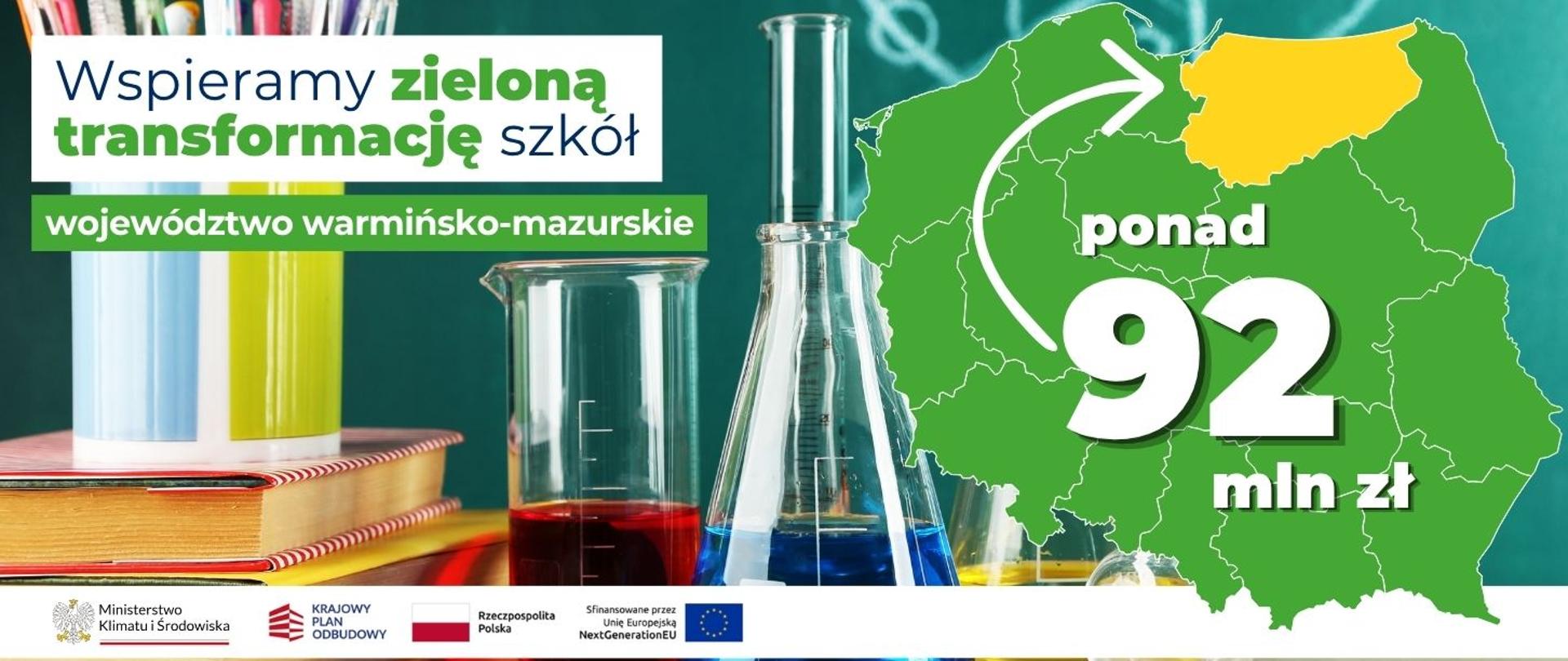 Na banerze po lewej stronie widnieje napis: Wspieramy zieloną transformację szkół województwo warmińsko-mazurskie. Po prawej stronie widoczna jest mapa Polski z zaznaczonym na żółto woj. warmińsko-mazurskim i napisem ponad 92 mln zł.