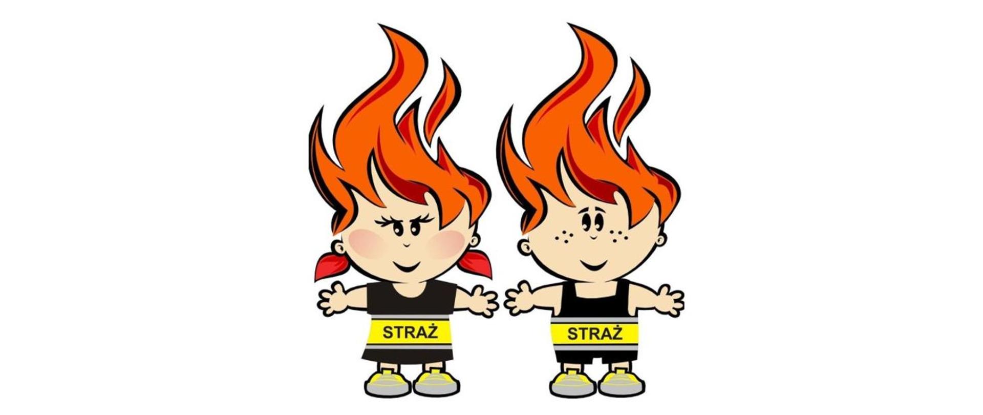 Grafika przedstawia postać chłopca i dziewczynki w ubraniach z napisem straż. Fryzury przedstawionych postaci przypomina płomień.