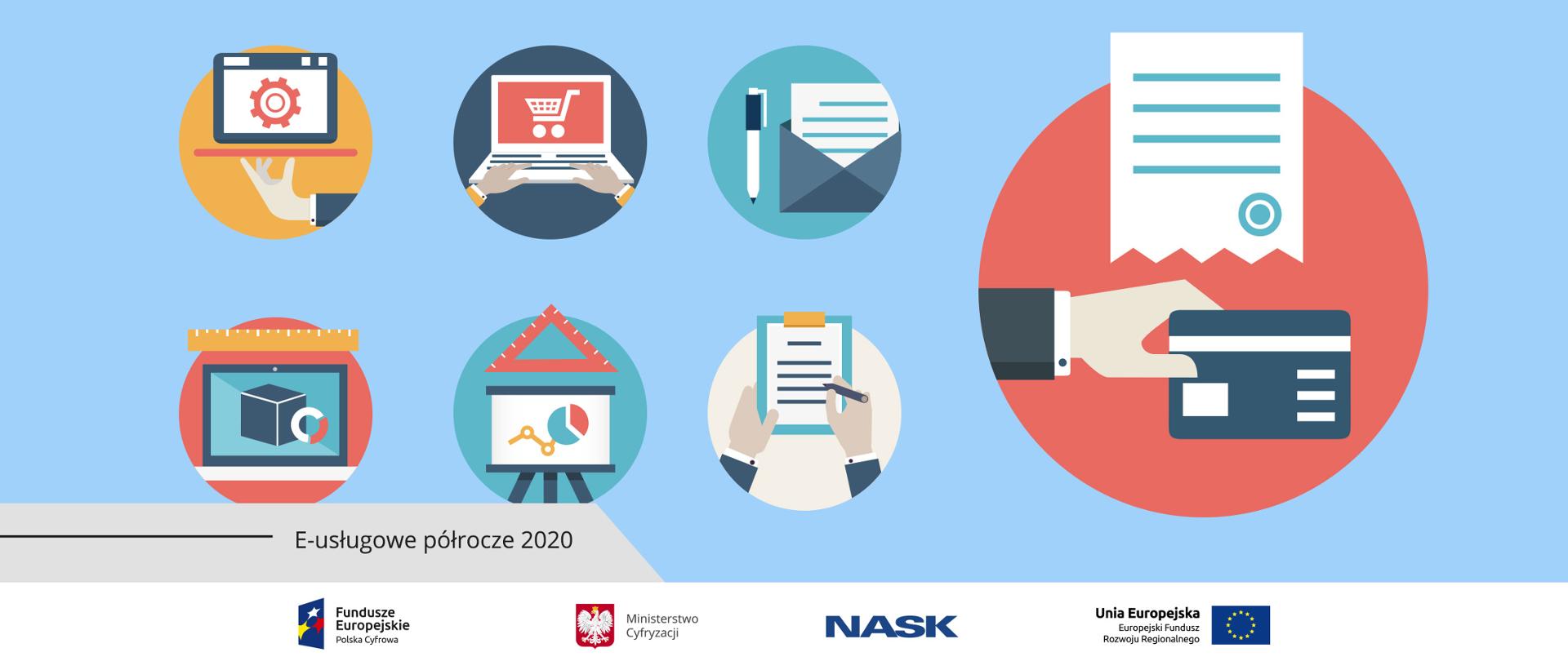Grafika. Kilka ikon przedstawiających czynności związane z cyfrowymi usługami. Na jednej widać laptop z wyświetlonym koszykiem do zakupów, na innej kartę płatniczą. Obok napis: E-usługowe półrocze 2020.