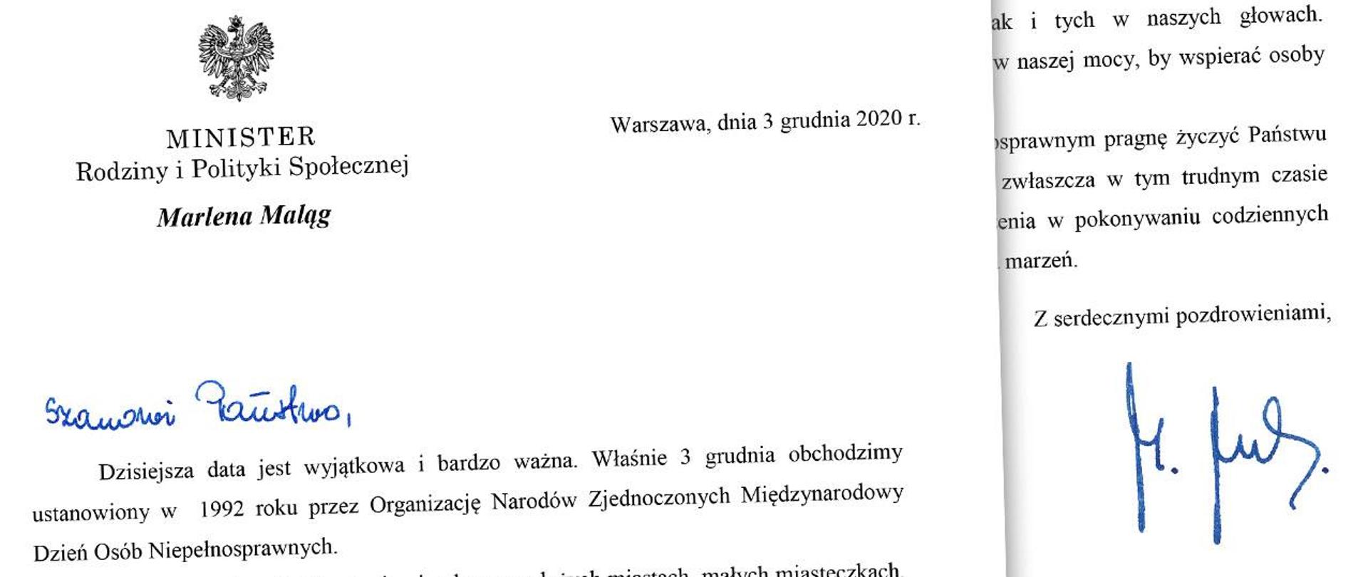 Fragment listu z okazji Międzynarodowego dnia osób niepełnosprawnych