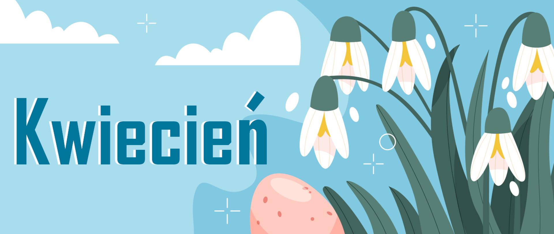 Po lewej stronie niebieski napis kwiecień na tle błękitnego niebie. Obok nierozkwitnięte białe kwiaty oraz różowe jajko wielkanocne. 